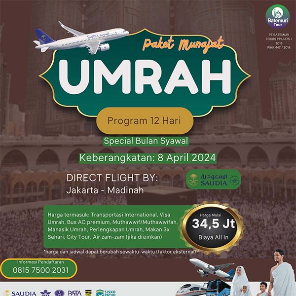 Umrah Akhir Ramadhan 1445H-Awal Syawal ,Khazzanah Tour, Paket 12 hari, Keberangkatan 8 April 2024